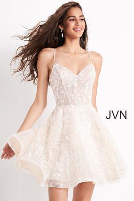 Style JVN04574 Jovani White Size 0 Spaghetti Strap Flare Ivory Cocktail Dress on Queenly