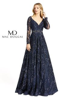 Style 67113D Mac Duggal Blue Size 20 Long Sleeve Sequin Ball gown on Queenly