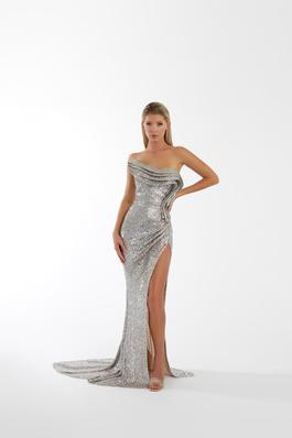 Style 7038 Nicole Bakti Silver Size 8 Tall Height Side slit Dress on Queenly