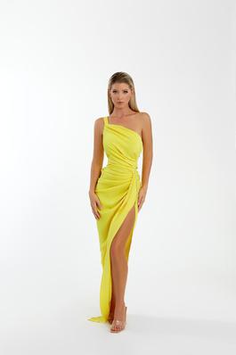 Style 7069 Nicole Bakti Yellow Size 8 Sorority Formal Wedding Guest Side slit Dress on Queenly