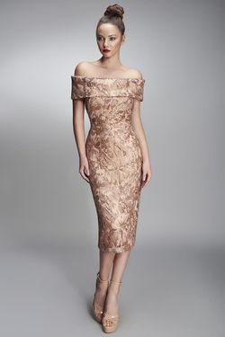 Style 6885 Nicole Bakti Gold Size 4 Sequined Sequin Holiday Jewelled Midi Cocktail Dress on Queenly