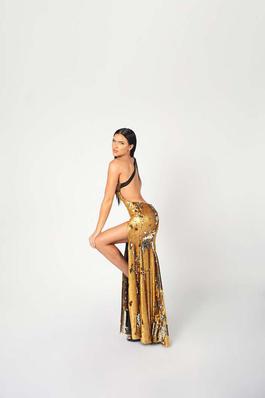Style 6972 Nicole Bakti Gold Size 6 Sequin Side slit Dress on Queenly