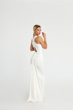 Style 7078 Nicole Bakti White Size 8 Floor Length Straight Pageant Boat Neck Mermaid Dress on Queenly