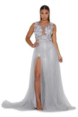 Style Berta_Gown Portia and Scarlett Silver Size 2 Tall Height Side slit Dress on Queenly