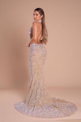 Style PS21305 Portia and Scarlett Gold Size 4 Backless Sequin Halter Fully-beaded Side slit Dress on Queenly
