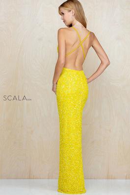 Style 60141 Scala Yellow Size 0 Side Slit Cut Out Sequin Straight Dress on Queenly