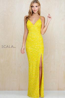 Style 60141 Scala Yellow Size 0 Side Slit Cut Out Sequin Straight Dress on Queenly