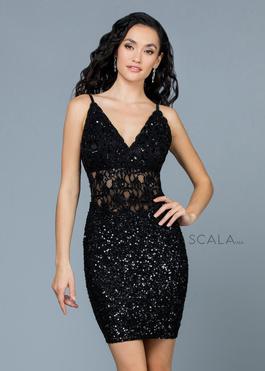 Style 60062 Scala Black Size 12 Euphoria Beaded Top Sheer Cocktail Dress on Queenly