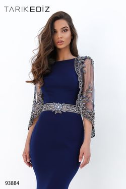 Style 93884 Tarik Ediz Blue Size 10 Embroidery Sheer Mermaid Dress on Queenly