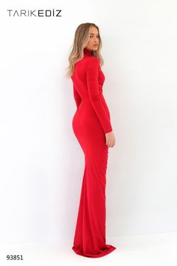 Style 93851 Tarik Ediz Red Size 8 Pageant Sorority Formal Jersey Side slit Dress on Queenly