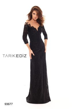 Style 93677 Tarik Ediz Blue Size 16 Lace Black Tie Straight Dress on Queenly