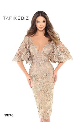 Style 93740 Tarik Ediz Gold Size 14 Plus Size Tall Height Cocktail Dress on Queenly