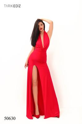 Style 50630 Tarik Ediz Red Size 2 Jersey Tall Height Side slit Dress on Queenly