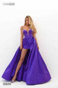 Style 50699 Tarik Ediz Purple Size 4 Overskirt Jewelled Cut Out Side slit Dress on Queenly
