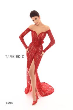 Style 93625 Tarik Ediz Red Size 4 Tall Height Pageant Side slit Dress on Queenly