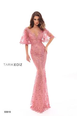 Style 93616 Tarik Ediz Pink Size 8 Lace Prom Tall Height Mermaid Dress on Queenly