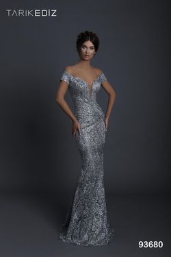Style 93680 Tarik Ediz Silver Size 10 Pageant Prom Lace Mermaid Dress on Queenly