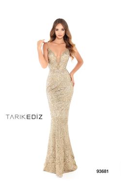 Style 93681 Tarik Ediz Gold Size 4 Tall Height Mermaid Dress on Queenly