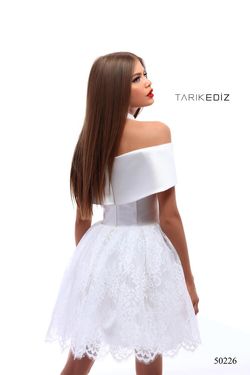 Style 50226 Tarik Ediz White Size 8 Midi Lace Prom Bridal Shower Cocktail Dress on Queenly