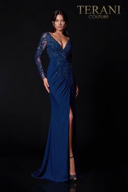 Style 2111M5275 Terani Couture Blue Size 16 Plus Size Side slit Dress on Queenly