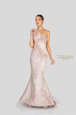 Style 1911E9095 Terani Couture Gold Size 18 Light Pink Tall Height One Shoulder Mermaid Dress on Queenly