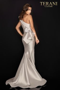 Style 2011E2427 Terani Couture Silver Size 10 Tall Height Side slit Dress on Queenly