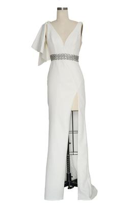 Style 49572 Mac Duggal  White Size 2 Belt Jewelled Side slit Dress on Queenly