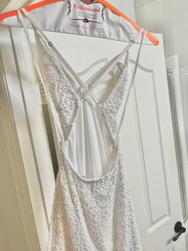 Scala White Size 4 V Neck Prom $300 Side slit Dress on Queenly