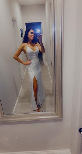 Scala White Size 4 Floor Length V Neck Prom $300 Side slit Dress on Queenly
