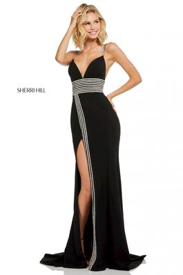 Style 52905 Sherri Hill Black Size 4 Tall Height Side slit Dress on Queenly