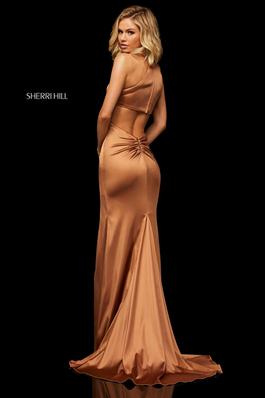 Style 52795 Sherri Hill Gold Size 4 Tall Height Side slit Dress on Queenly