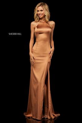 Style 52795 Sherri Hill Gold Size 4 Tall Height Side slit Dress on Queenly