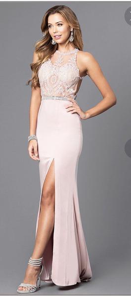 Promgirl Pink Size 16 Lace Sheer Sorority Formal Belt Side slit Dress on Queenly