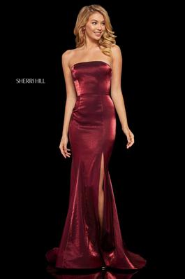 Style 52961 Sherri Hill Red Size 2 Strapless Side slit Dress on Queenly
