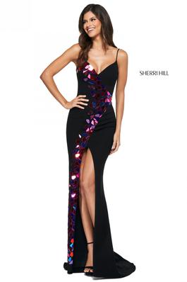 Style 54069 Sherri Hill Multicolor Size 4 Fitted Side slit Dress on Queenly