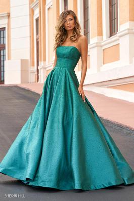 Style 54325 Sherri Hill Green Size 2 Pageant Strapless A-line Ball gown on Queenly