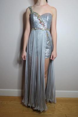 Sherri Hill Silver Size 2 One Shoulder Sequin Jumpsuit Dress on Queenly