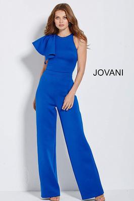 Style 57580 Jovani Blue Size 4 Black Tie Jumpsuit Dress on Queenly