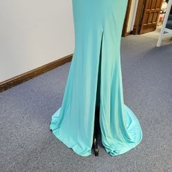 Style 85254M Mac Duggal Blue Size 4 Floor Length Spandex Halter Side slit Dress on Queenly