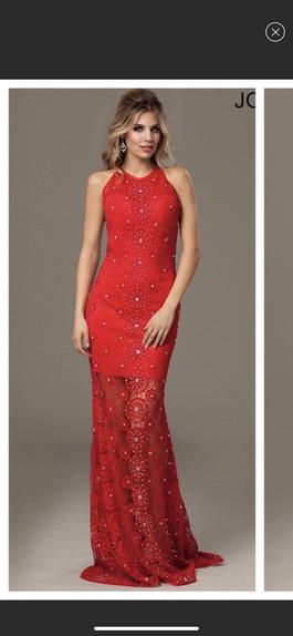 Jovani Red Size 4 Sequin Backless High Neck Straight Dress on Queenly