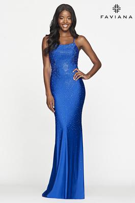 Style S10506 Faviana Blue Size 00 Pageant Jersey Lace Straight Dress on Queenly