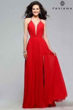 Style 7747 Faviana Red Size 2 Corset Tulle V Neck Side slit Dress on Queenly