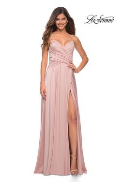 Style 30571 La Femme Pink Size 16 Jersey Plus Size Side slit Dress on Queenly
