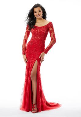 Style 46037 Morilee Red Size 6 Long Sleeve Sequin Side slit Dress on Queenly