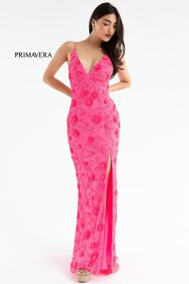 Style 3731 Primavera Pink Size 10 Spaghetti Strap Fully-beaded Side slit Dress on Queenly