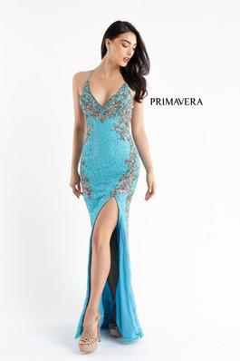 Style 3211 Primavera Blue Size 00 Cut Out Spaghetti Strap Turquoise Side slit Dress on Queenly