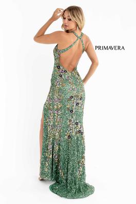 Style 3726 Primavera Green Size 14 Multicolor Halter Side slit Dress on Queenly