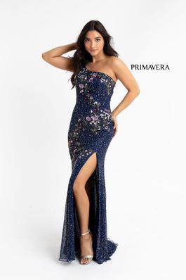 Style 3641 Primavera Blue Size 8 One Shoulder Fully-beaded Side slit Dress on Queenly