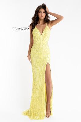 Style 3721 Primavera Yellow Size 2 Cut Out Fully-beaded Side slit Dress on Queenly
