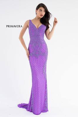 Style 3741 Primavera Purple Size 10 Fitted Side slit Dress on Queenly